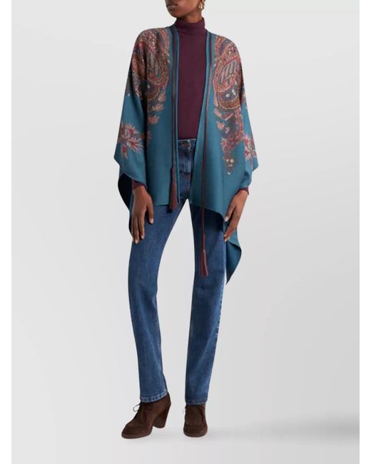 Etro Blue Wool And Cashmere Jacquard Paisley Cape