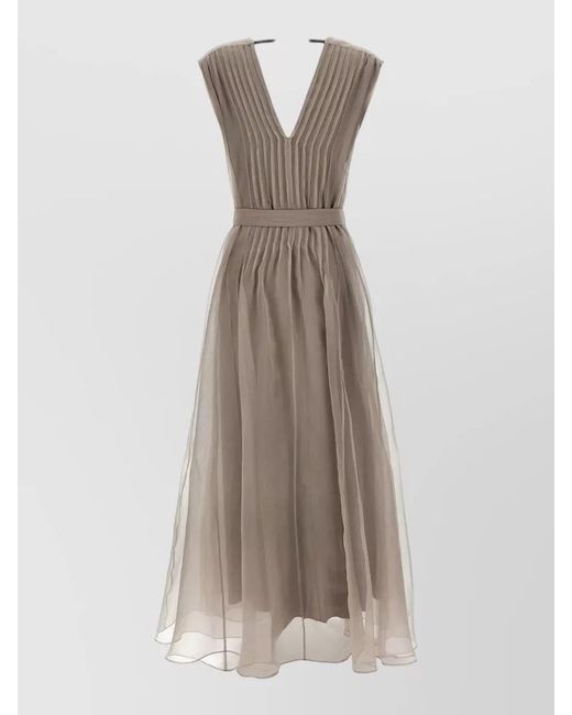 Brunello Cucinelli Multicolor Silk Sleeveless V-Neck Pleated Maxi Dress