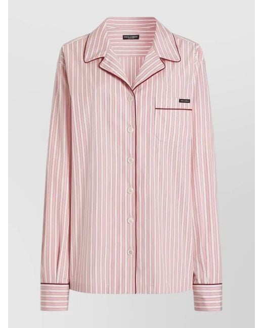 Dolce & Gabbana Pink Striped Silk Nylon Top Chest Pocket Long Sleeves