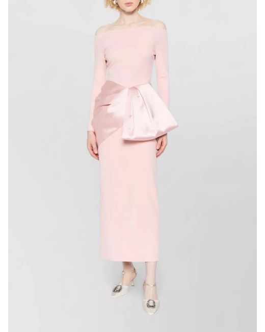 Solace London Pink Rhianne Off Shoulder Satin Bow Midi Dress