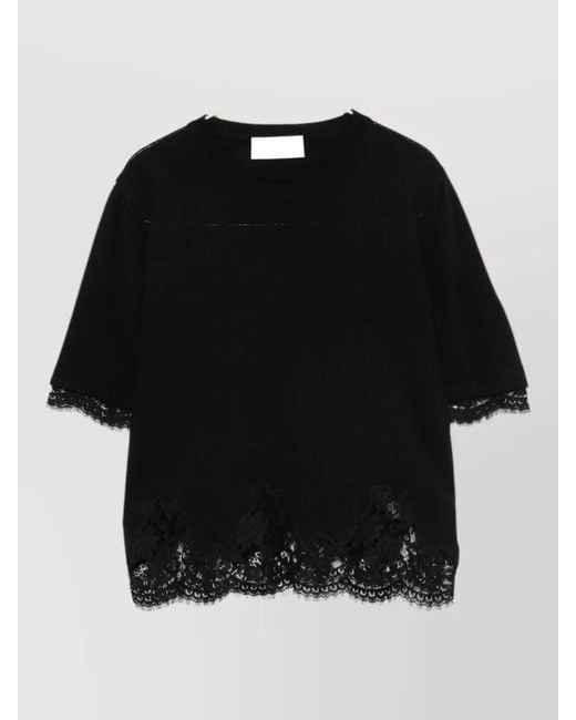 ERMANNO FIRENZE Black Crew Neck Fine Knit Fitted Lace Top