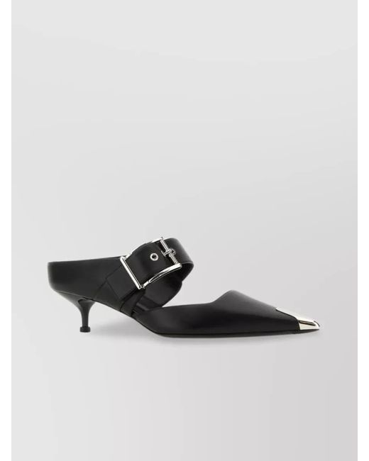 McQueen Black Leather Buckled Mules