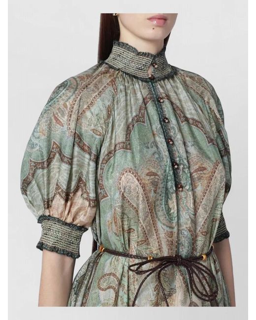 Zimmermann Multicolor Paisley Belted Dress Sheer Puff Sleeves