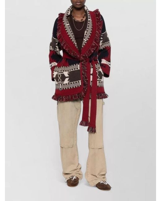 Alanui Red Cashmere Jacquard Fringe Belted Cardigan