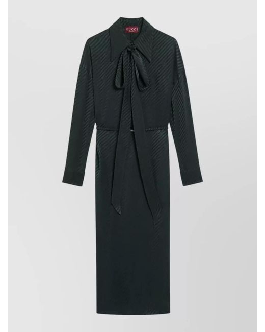 Gucci Black Belted Waist Dress Tie Neck Midi
