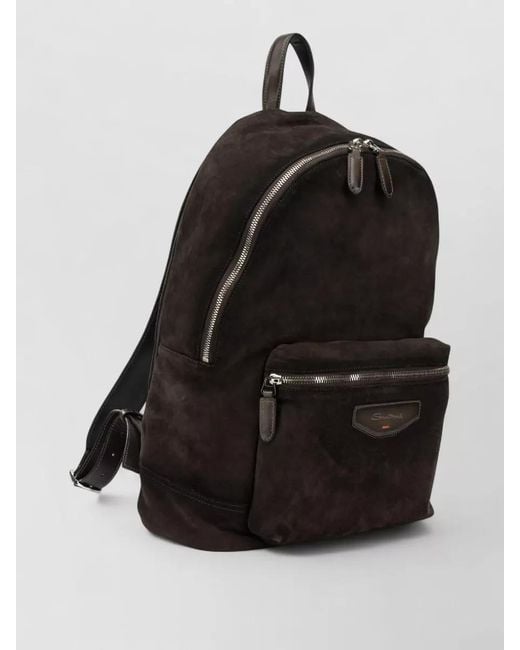Santoni Black Suede Backpack Adjustable Straps Top Handle for men