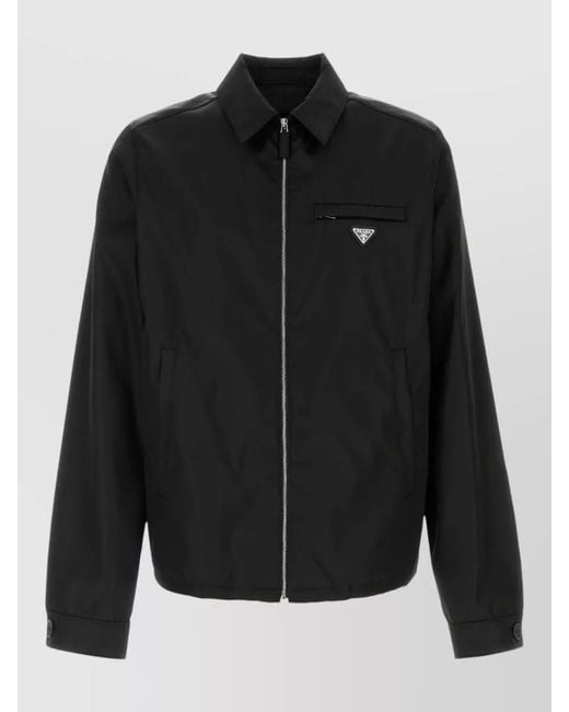 Prada Black Re Nylon Jacket Buttoned Cuffs Point Collar for men