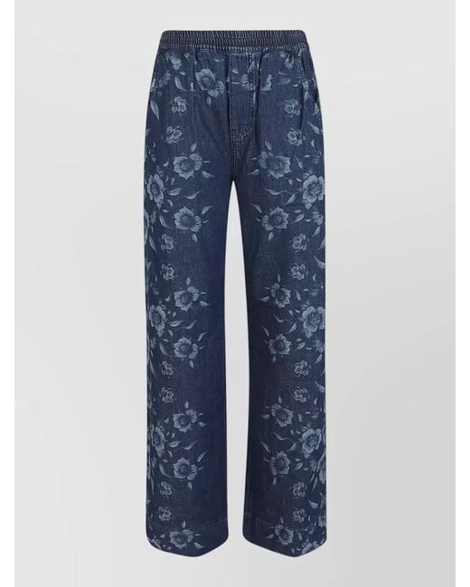 Pinko Blue Floral-Print High-Rise Wide-Leg Denim Trousers