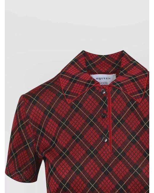 McQueen Red Microcheck Polo Shirt Lurex Collar Detail