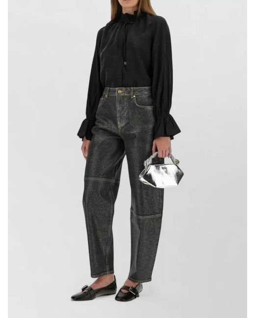 Ganni Black Cupro Viscose Shirt Button Detail Ruffle Collar