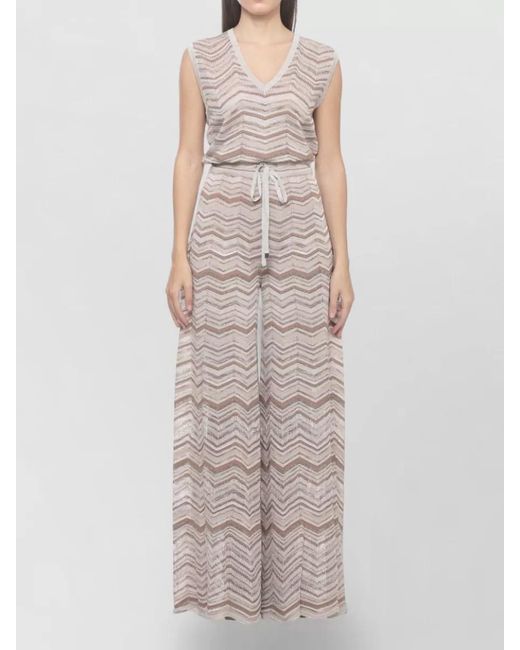 D.exterior White Geometric Knit Jumpsuit Lurex Drawstring Waist