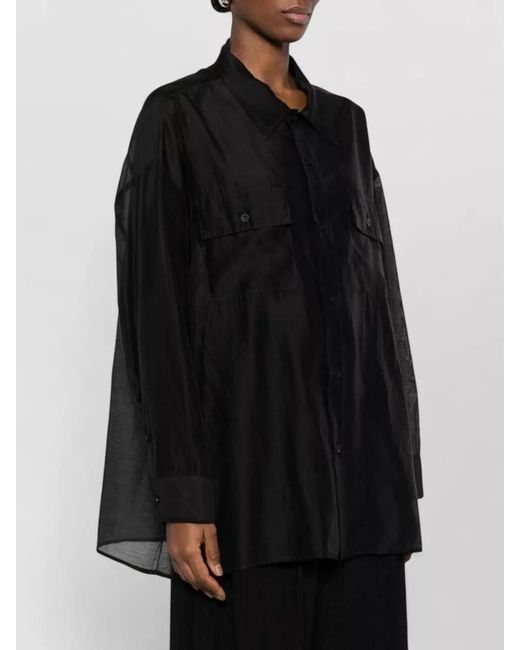 Thelatest Black Long Sleeve Shirt Chest Pockets Sheer