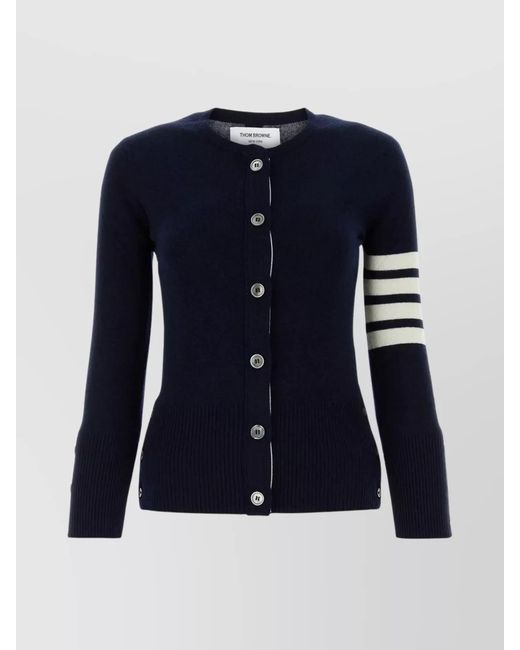 Thom Browne Blue Cashmere Cardigan With Striped Sleeve Detail