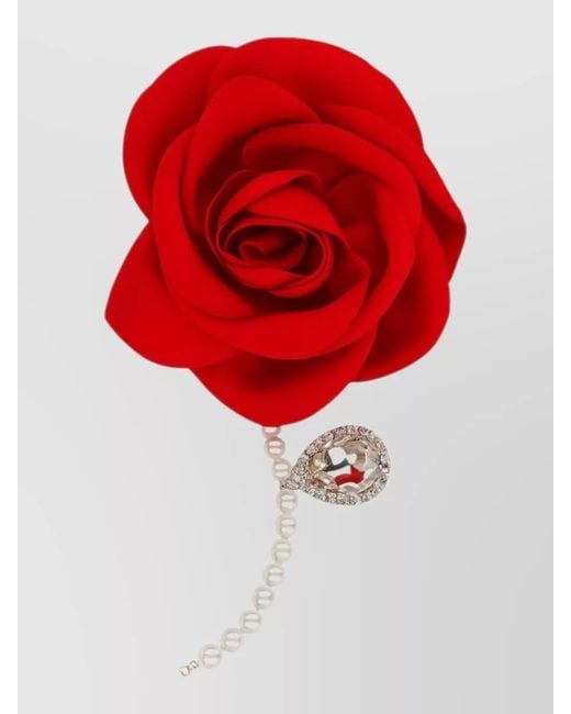 Magda Butrym Red Crystal Rose Brooch Featuring Pearl Detail