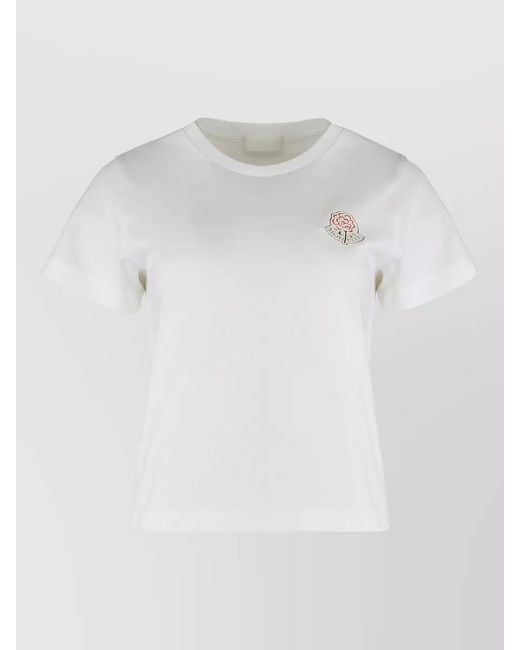 Moncler White Crew Neck Cotton T Shirt Embroidered Detail
