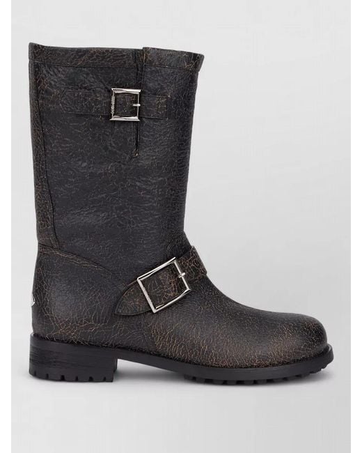 Jimmy Choo Black Leather Biker Boots Buckles Cracked Finish