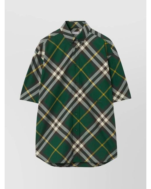 Burberry Green Cotton Oversized Short-Sleeve Check Shirt for men