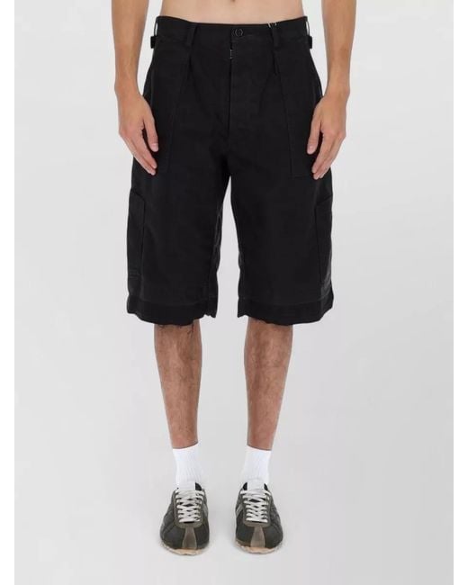 Maison Margiela Black Knee Length Frayed Hem Shorts With Pockets for men
