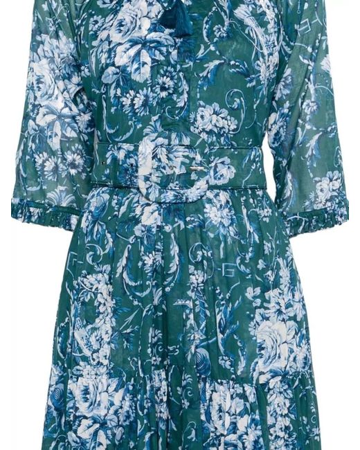Samantha Sung Blue Floral-Print Belted Gathered Cotton Maxi Dress