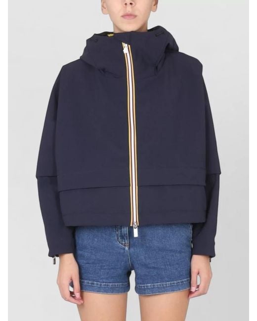 K-Way Blue Hooded Jacket Logo Elastic Cuffs Stripes