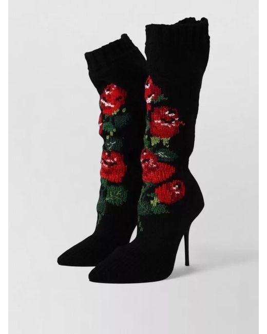 Dolce & Gabbana Black Stretch Knit Roses Stiletto Knee High Boots