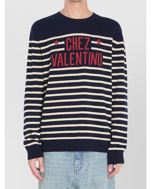 Valentino Garavani Blue Ribbed Crew Neck Wool Sweater for men