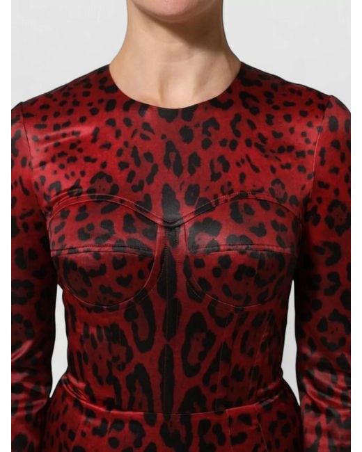 Dolce & Gabbana Red Leopard Print Long Sleeve Midi Dress