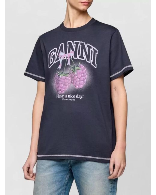 Ganni Blue Cotton T Shirt Graphic Crew Neck