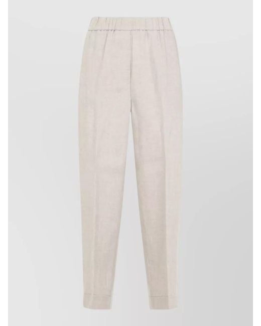 Peserico White Linen Straight Leg Trousers Piped Rolled Hem