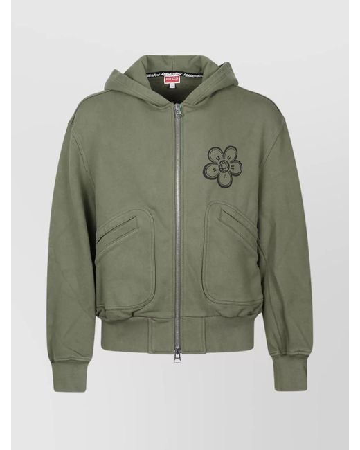KENZO Green Zip-Up Hoodie With Front Pockets And Graphic Print for men