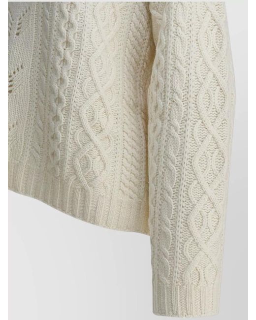 Sandbeige White Cable Knit Crew Neck Long Sleeve Sweater