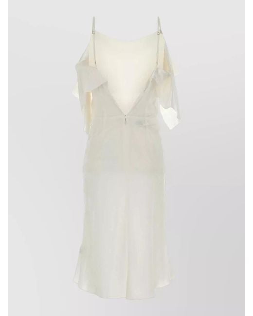 MM6 by Maison Margiela White Midi Dress V Neckline Sheer Overlay