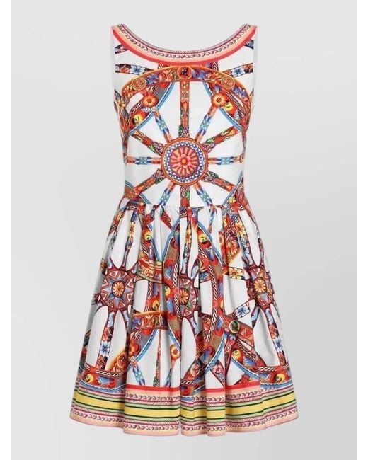 Dolce & Gabbana Red Carretto Print Poplin Midi Dress Corset