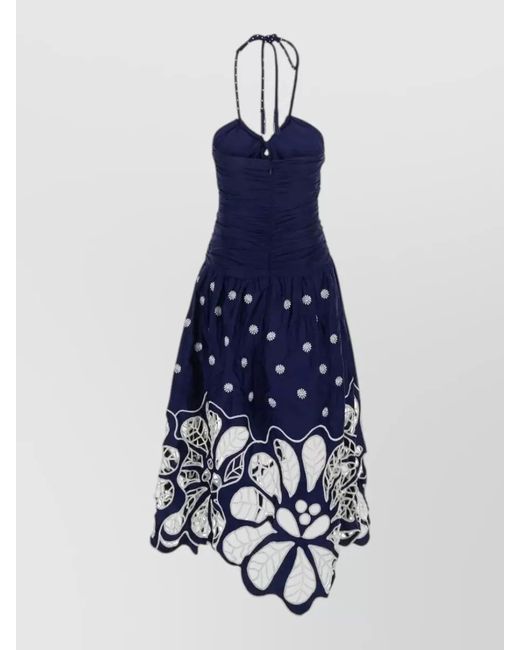 Farm Rio Blue Sleeveless Midi Dress Halter Neck Embroidery