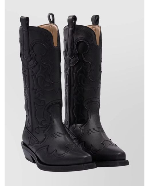 Ganni Black Embroidered Western Mid-Calf Boots