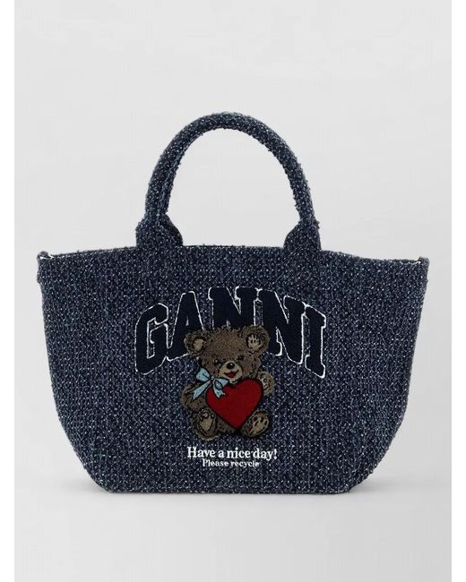 Ganni Blue Textured Tote Bag Teddy Bear Motif