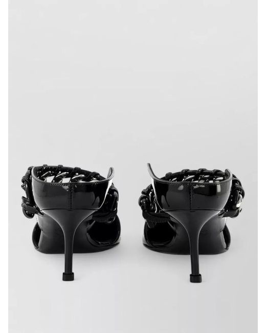 McQueen Black Leather Sandals Chain Detail Mid Heel