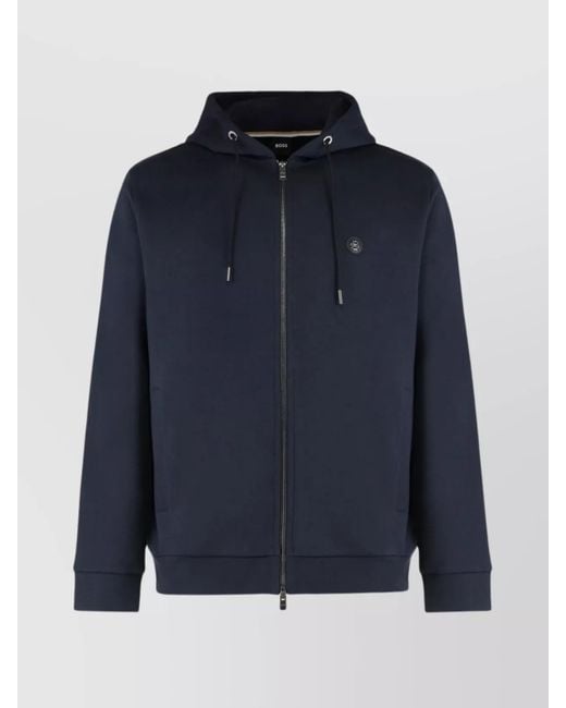 Boss Blue Zip-Up Hoodie With Drawstring Hood for men