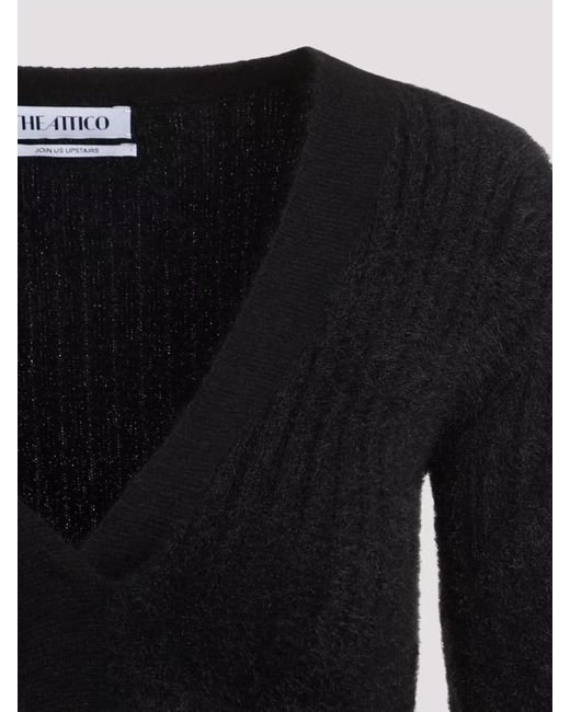 The Attico Black Ribbed V-Neck Lace-Trim Midi Dress