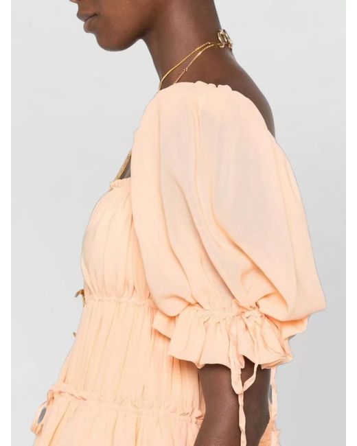 Chloé Natural Silk Tiered Square Neck Short Puff Sleeve Mini Dress
