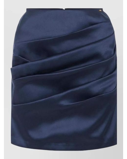 Elisabetta Franchi Blue High Waist Ruched Silk Satin Skirt