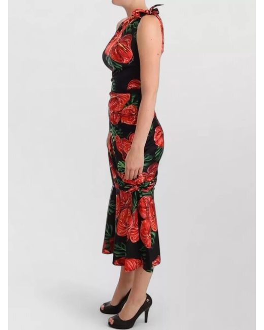 Dolce & Gabbana Red Silk Floral Print One-Shoulder Draped Midi Dress