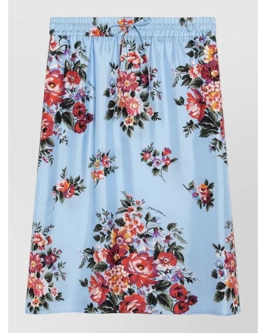 Dolce & Gabbana Blue Silk Floral-Print A-Line Skirt