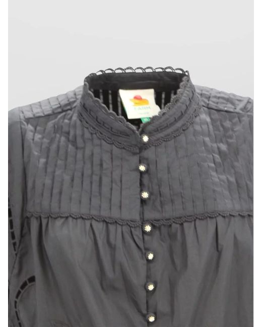 Farm Rio Black Embroidered High Neck Button Blouse