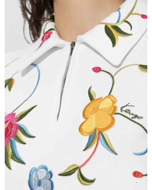 KENZO White Floral Embroidery Cotton Quarter Zip Polo Sweatshirt