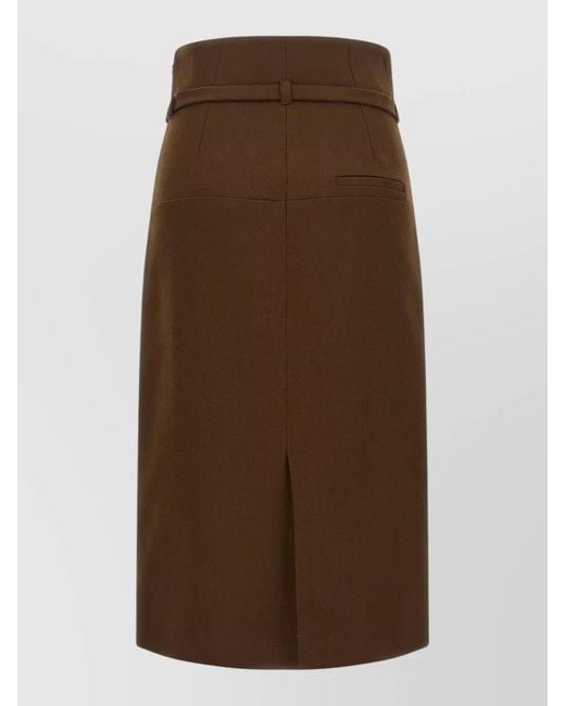AMI Brown Virgin Wool High-Waist Belted Midi Pencil Skirt