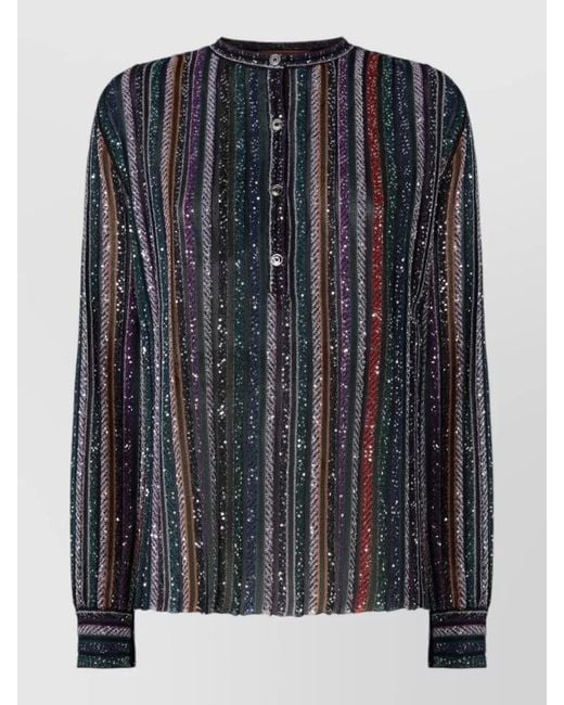 Missoni Black Long Sleeve Sequin Striped Round Neck Top
