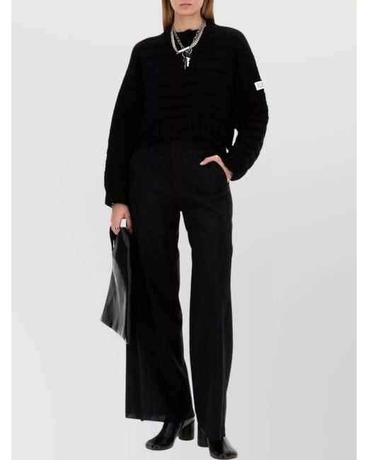 MM6 by Maison Margiela Black Cropped Chunky Knit Sweater With Crew Neck