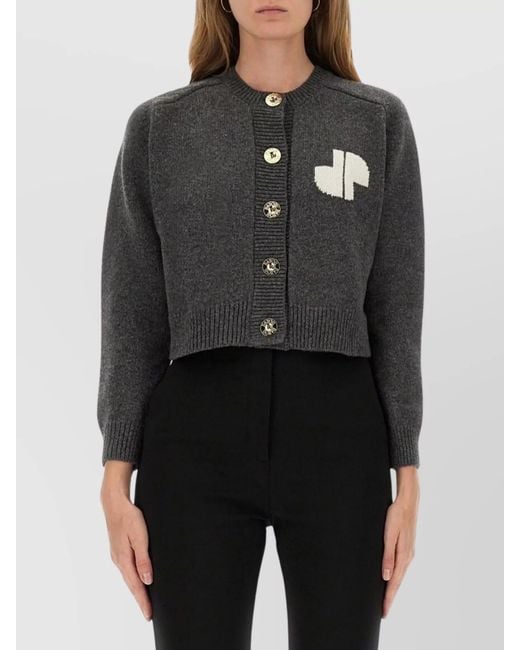 Patou Black Wool Cashmere Cropped Logo-Intarsia Cardigan