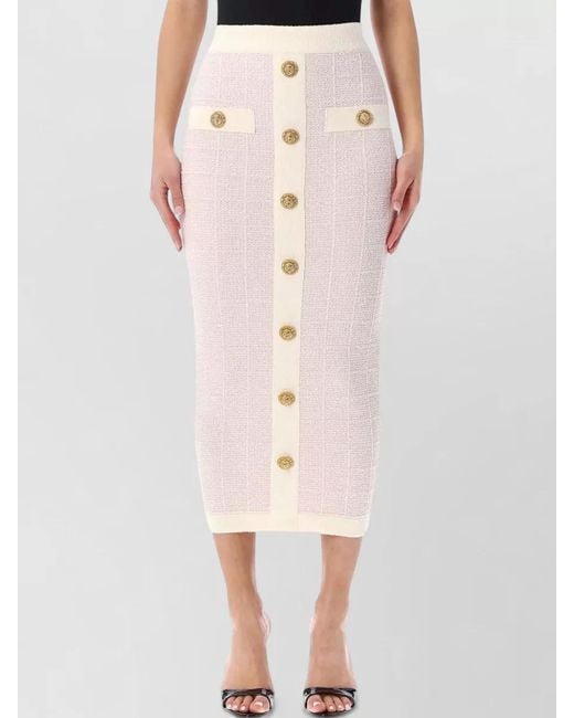 Balmain Pink Tweed Buttoned Midi Skirt